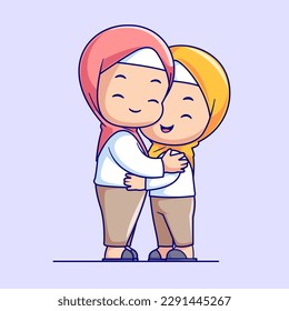 Cute Girl Female Moslem Hug Girl Cartoon Vector Icon Illustration. People Religion Icon Concept Isolated Premium Vector. Flat Cartoon Style