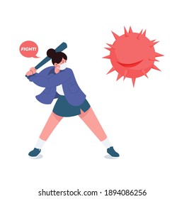 Cute Girl fight again corona virus with baseball stick flat illustration concept fight covid-19. Women keep fight corona flat styled illustration vector in isolated background. Healthy when pandemic