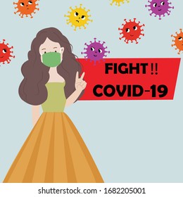 Cute girl fight covid-19 cartoon,illustration vector doodle comic art.