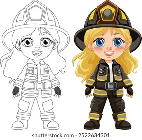 Cute girl in firefighter uniform, colored and outlined