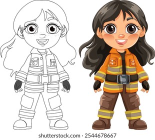 Cute girl in firefighter uniform, colored and outlined