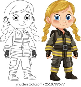 Cute girl in firefighter uniform vector art