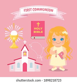 Cute girl first communion event with sacrament, pink bible, rosary and church bundle clip art. Flat vector design.