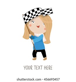 Cute girl with flag. Vector character. 