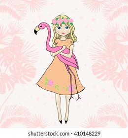 Cute girl with flamingos. Design for children's books. T-shirt Graphics.