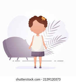Cute girl in flat style. Poster with a teenage girl who is depicted in full growth. Vector.