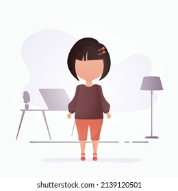 Cute girl in flat style. Poster with a teenage girl who is depicted in full growth. Vector.