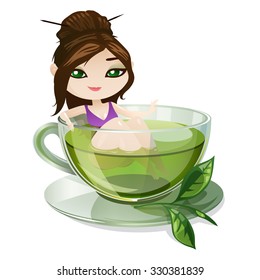 Cute girl floating in a cup of green tea. Girl in a cup isolated on white background. Vector illustration.
