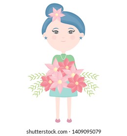 cute girl with floral bouquet and flower in hair character