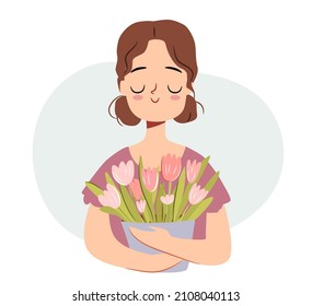 Cute girl with a floral bouquet. Potted flowers gift. Tulips in hands. March 8 character isolated on white background.