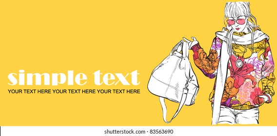 The cute girl in a floral jacket. Vector illustration. Place for your text.