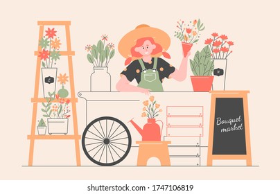 Cute girl florist in a hat. Farmers market. Hipster counter with plants and decor. Summer shopping. Vector flat illustration.