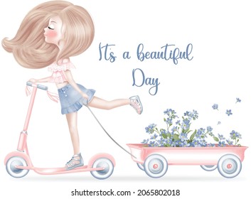 Cute Girl is a Flower cart Scooter Drive