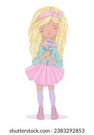 Cute girl with flower. Cartoon beautiful girl standing with flowers. Vector illustration. Woman with flower. Greeting card, poster, print. Fashion girl 