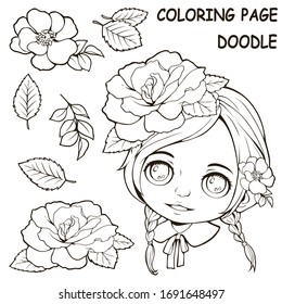 Cute girl and flower doodle outline vector illustration. Image ideas printable. Sheets pictures for paint.
Used for coloring pages, book for kids, Embroidered pattern, wallpaper and sticker, etc.