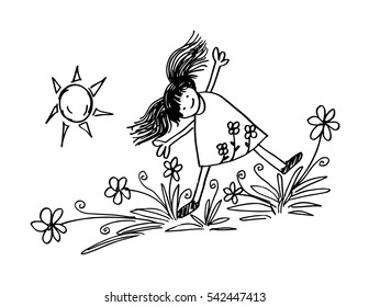 Cute girl with flower. Hand drawing illustration.