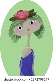 Cute girl with a flower on her head. Vector file for designs.