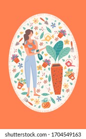 Cute girl with a flower pot. Oval frame with flowers, leaves and garden accessories. Cute spring flower frame.