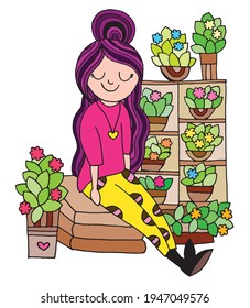 Cute girl with flower pots. Vector illustration. A home garden with flower pots. A little girl is sitting next to house plants.