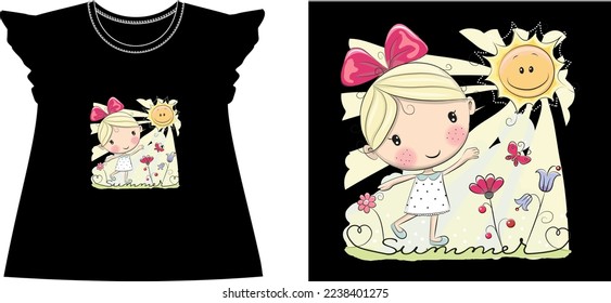 cute girl with flower t shirt graphic design vector illustration digital file