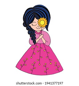 Cute girl with a flower. Vector illustration. A little princess with a yellow flower.