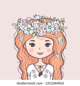 Cute girl in flower wreath. Beautiful girl with long red hair and flowers. Vector illustration