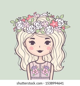 Cute girl in flower wreath. Beautiful girl with long blond hair and flowers. Vector illustration