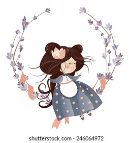 Cute girl in flower wreath. Isolated vector illustration