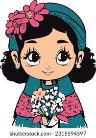 A cute girl with flowers creative logo comic style .This is an editable eps vector file.