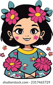 A cute girl with flowers creative logo comic style.This is an editable EPS vector file.
