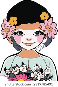 A cute girl with flowers creative logo comic style.This is an editable EPS vector file.
