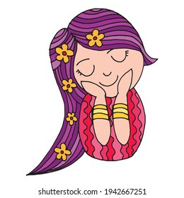 Cute girl with flowers in her hair. Vector Illustration. Little girl with flowers and bangles in her hands.