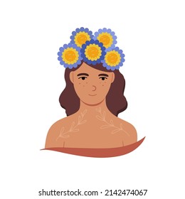 Cute girl with flowers in her hair, flat style vector illustration
