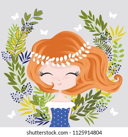 Cute girl with flowers illustration. Graphic design for books, textile, t-shirts, Greeting cards.