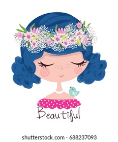 Cute girl with flowers and little bird illustration.