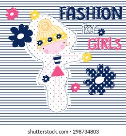cute girl with flowers on striped background, fashion for girls, T-shirt design vector illustration