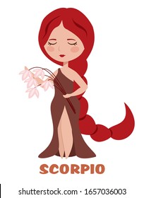 Cute girl with flowers. Scorpio zodiac sign concept for horoscope. Beautiful vector illustration.