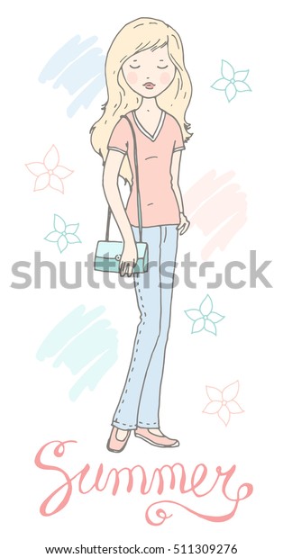 Cute Girl Flowers Summer Lettering Pastel Stock Vector Royalty