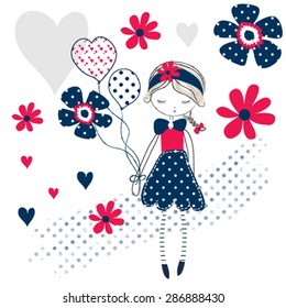 cute girl with flowers, T-shirt design vector illustration