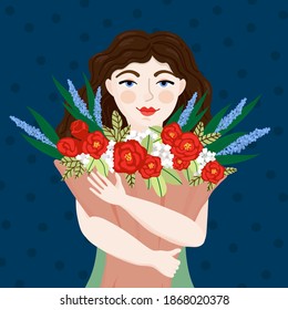 Cute girl with flowers vector illustration in flat cartoon style. Young woman with a bouquet of roses. Female face portrait for card and web. Happy womens day and mothers day concept.