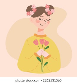 cute girl with flowers. vector illustration of a girl with flowers. postcard for March 8. illustration for women's day. women's holiday illustration. women's Day