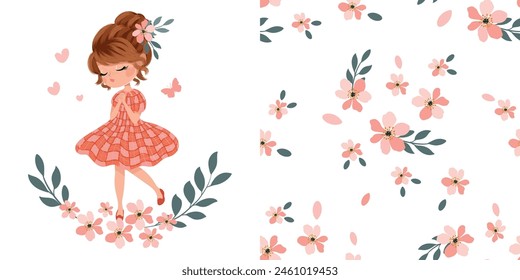 Chica linda con Ilustración vectorial de flores y diseño de patrones sin fisuras, obras de arte para niños estampados, telas, camiseta, tarjetas de cumpleaños.