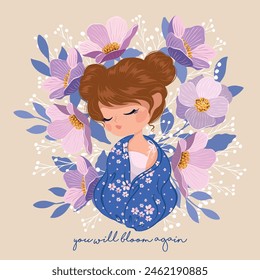 Cute girl with flowers vector illustration, pretty girl graphic for kids artworks, t shirt prints. Lovely girl illustration for kids fashion.