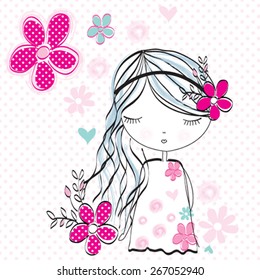 cute girl with flowers vector illustration