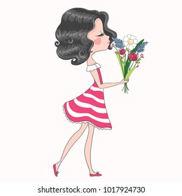 Cute girl with flowers.Children illustration.