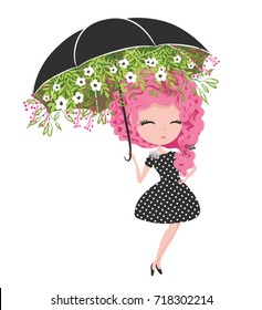 Cute girl with flowers.Children illustration for School books and more.T-shirt graphic.cartoon character.vintage postcard.Cute girl illustration.Template for design cards, notebook, shop, poster.

