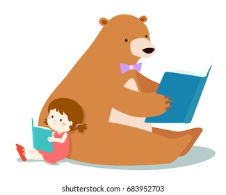 Cute girl and fluffy bear love to read a book vector illustration.