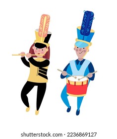 Cute girl flute player man drummer in festive uniform at parade. Holiday, carnival. Funny isolated cartoon style characters on white background. Vector illustration.