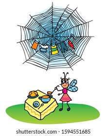 Cute girl fly is pouring soup in her home. Colored vector for card or gift.