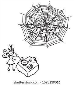 Cute girl fly is pouring soup. Black and white vector for coloring, for card or gift.